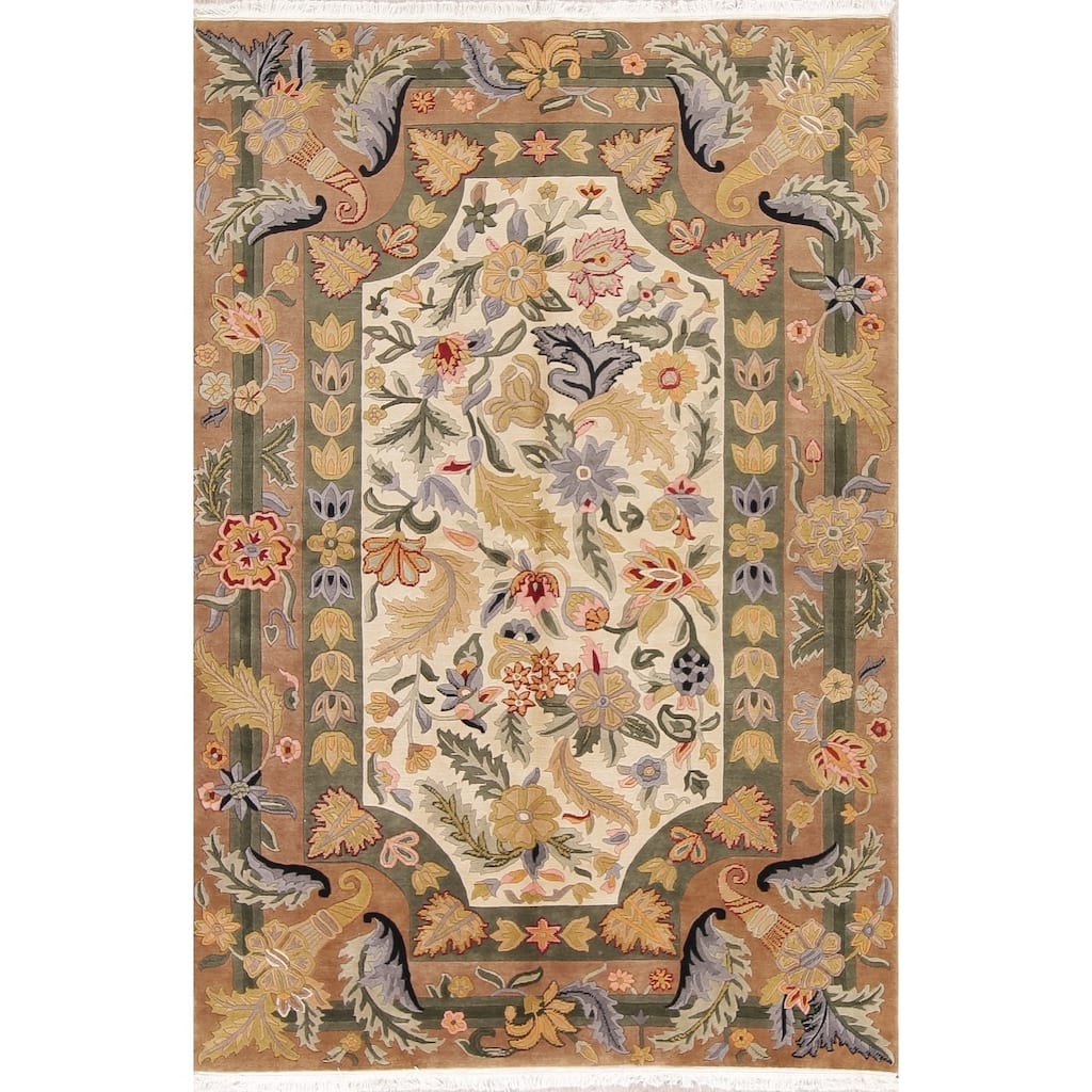 Nepal India Transitional Floral Hand Made Wool Oriental Area Rug - 8'9" x 5'11"