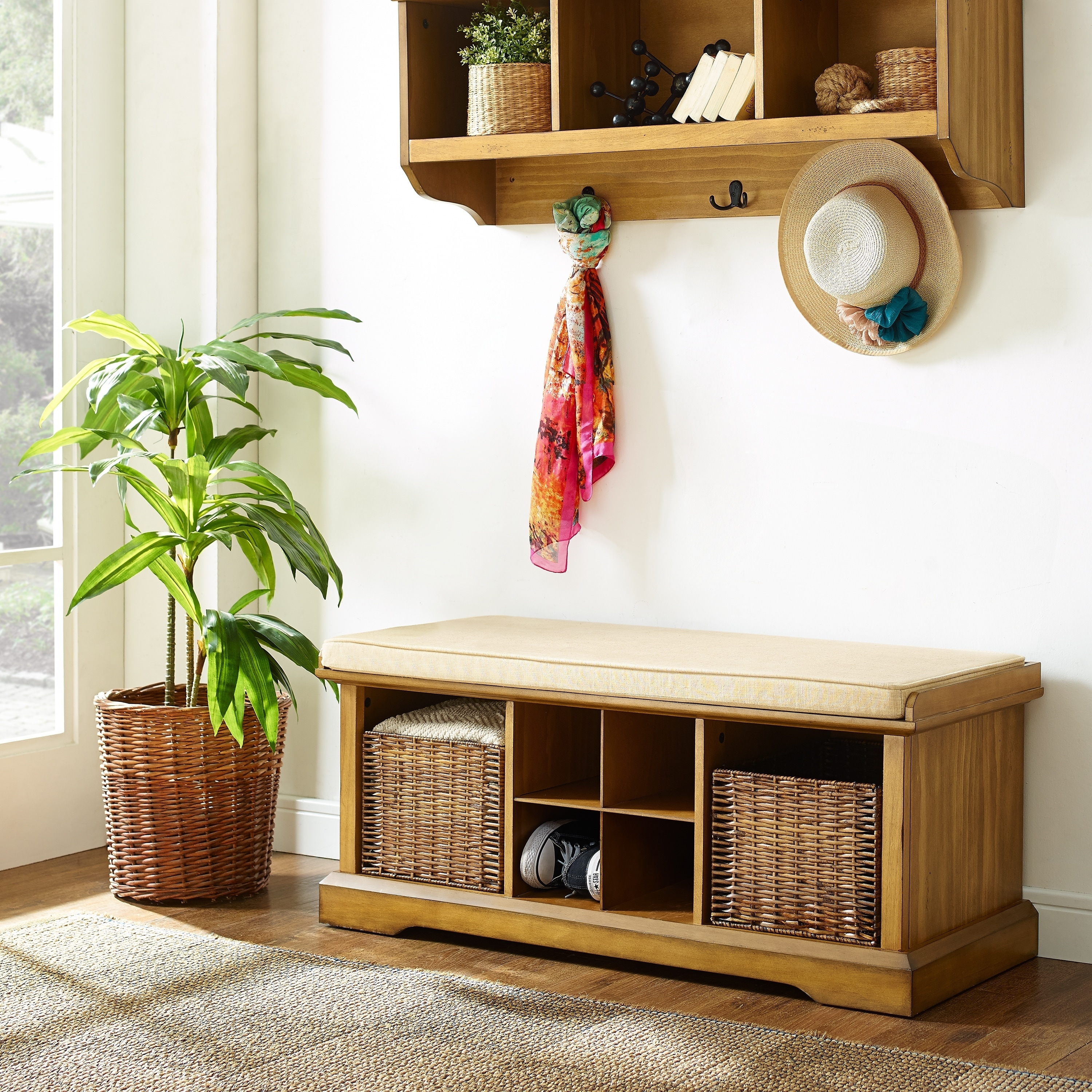 entryway bench and storage shelf with hooks