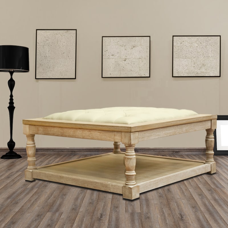 Polman 34-inch Cream Tufted Cocktail Ottoman with Wood Perimeter Shelf