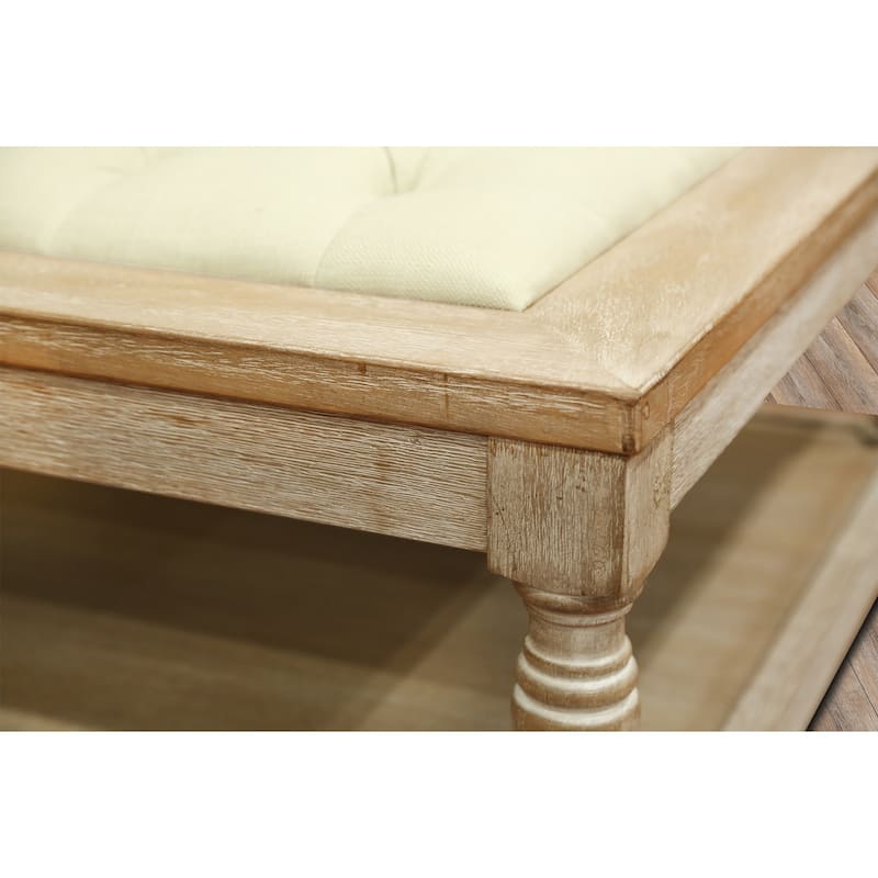 Polman 34-inch Cream Tufted Cocktail Ottoman with Wood Perimeter Shelf