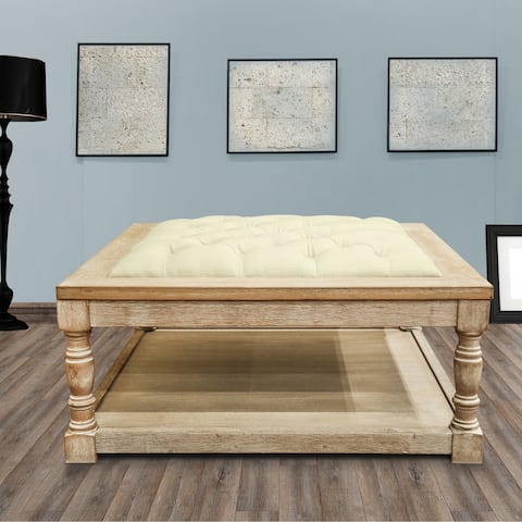 Polman 34-inch Cream Tufted Cocktail Ottoman with Wood Perimeter Shelf
