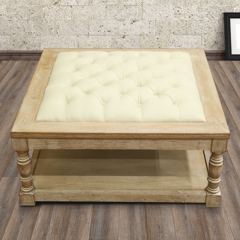 Polman 34-inch Cream Tufted Cocktail Ottoman with Wood Perimeter Shelf