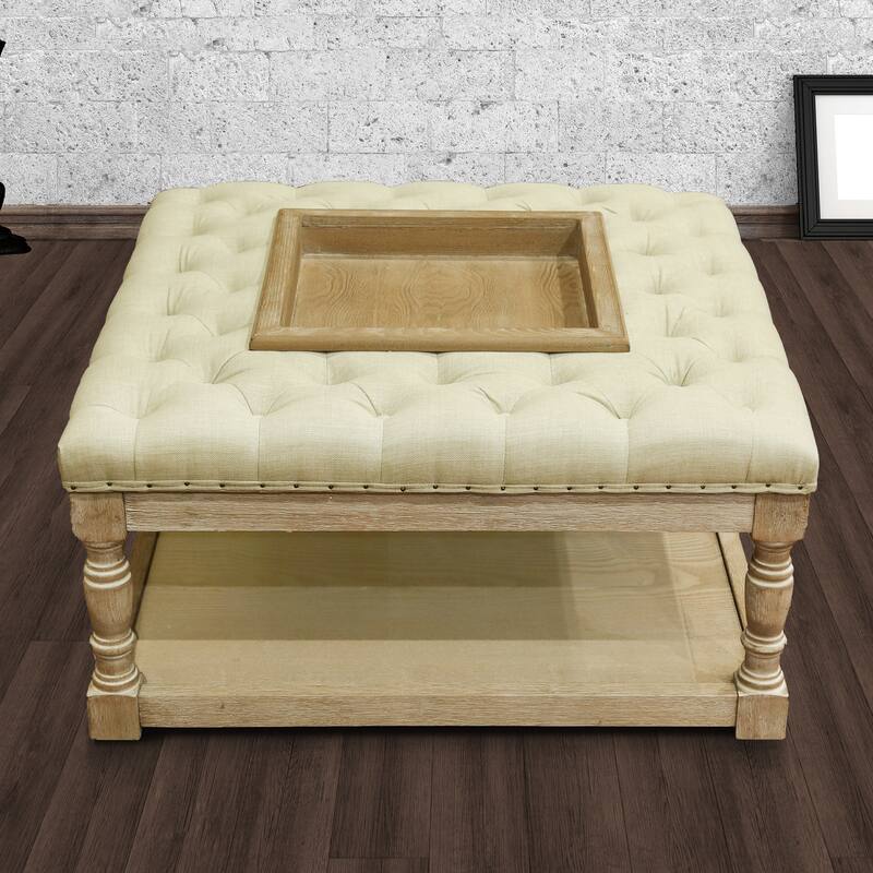 Besmore 34-inch Natural Tufted Cocktail Ottoman Recessed Center Tray