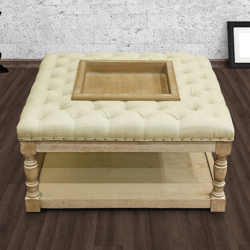 Besmore 34-inch Natural Tufted Cocktail Ottoman Recessed Center Tray