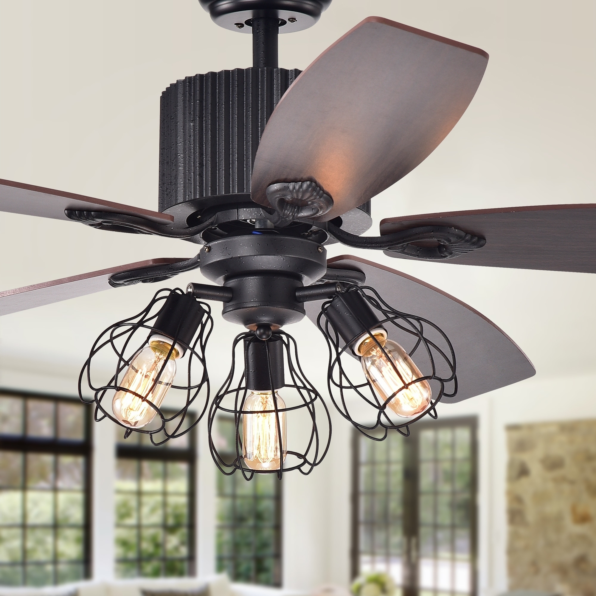 Warehouse of Tiffany Cornelius Forged Black 3-Light 52-Inch Lighted Ceiling Fan (incl. Remote & 2 Color Option Blades) - 52"