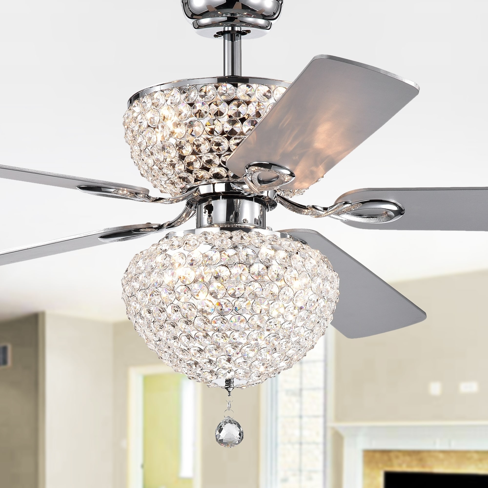 Warehouse of Tiffany Swarana Chrome Dual Lighted Ceiling Fan with Crystal Shades