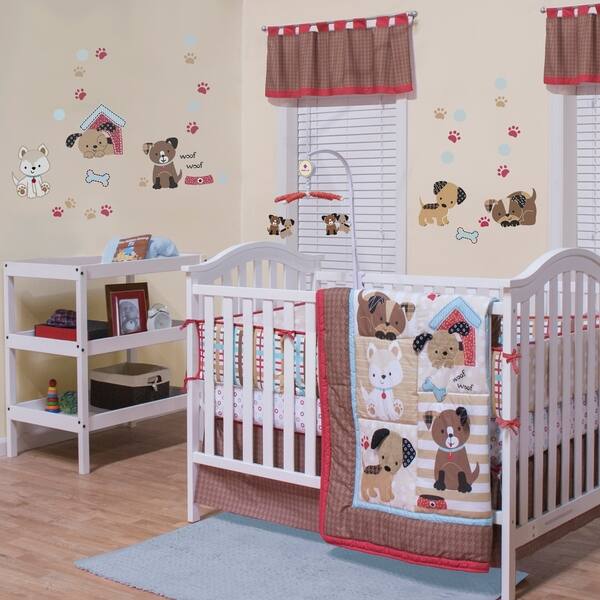 slide 1 of 1, Puppy Play- Bed Set, 3 piece includes: 1 Comforter, 1 Fitted Crib Sheet, and 1 Bed Skirt