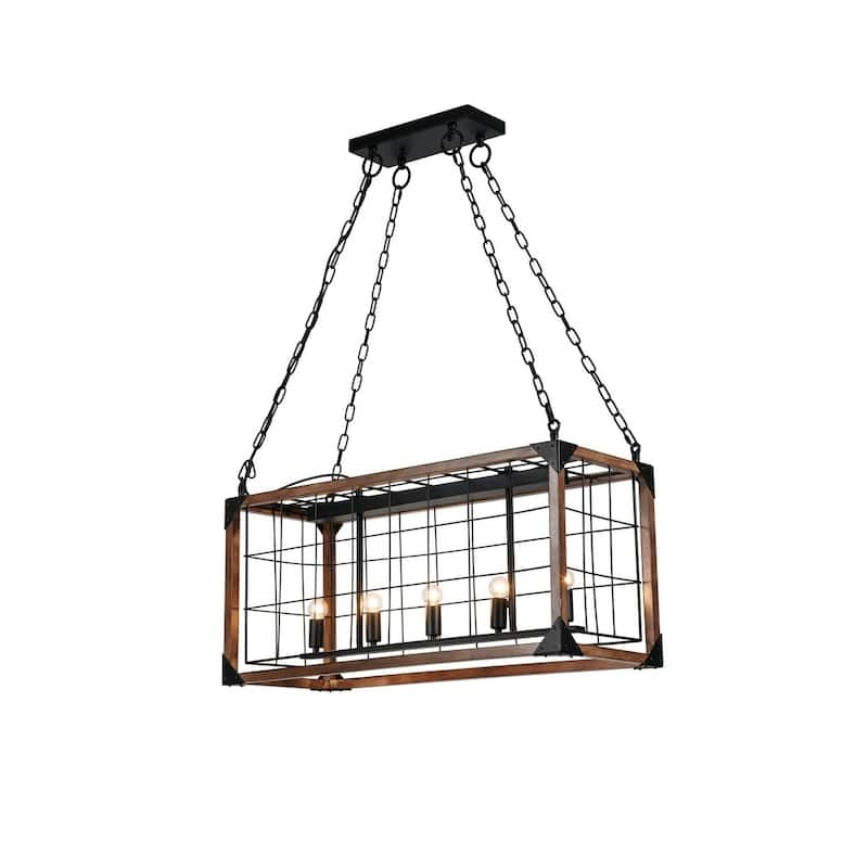 Pendant Lighting with Wood and Black Iron Frame - N/A