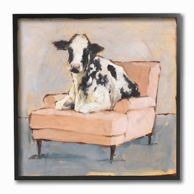 The Stupell Home Decor Sweet Baby Calf on a Pink Couch Neutral Color Painting Framed Art, 12 x 12, Proudly Made in USA