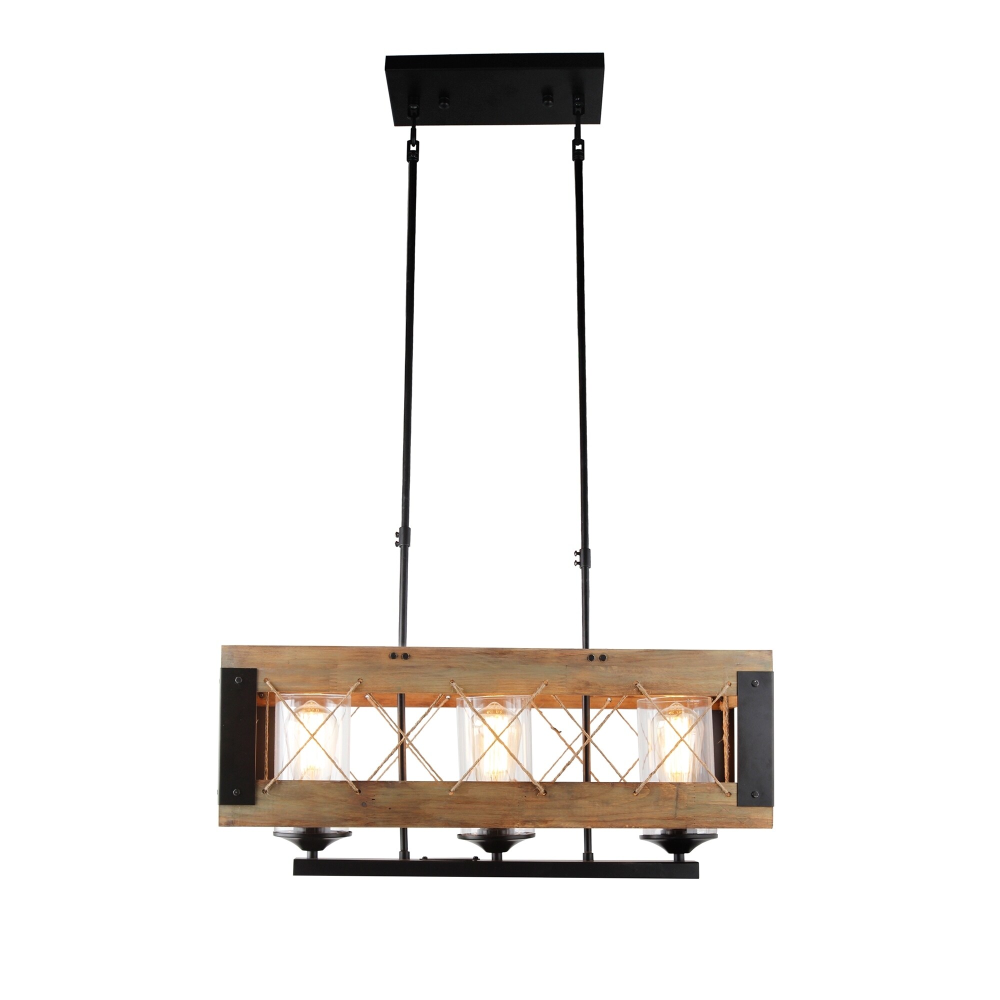 3 Light Chandelier in Black iron finish, Natural wood and Jute rope - Chandeliers For Bedrooms by Overstock.com