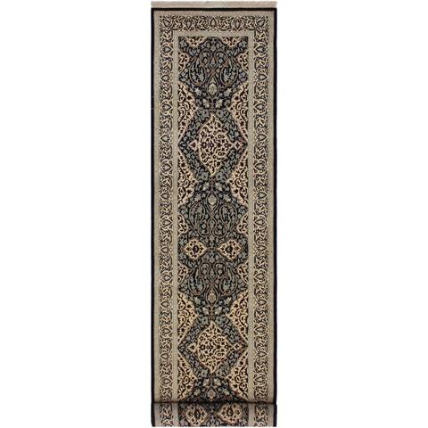 Turkish Knotted Istanbul Twanna Black/Ivory Hand-Knotted Wool Runner - 3'2 x 12'8 - 3'2" x 12'8" - 3'2" x 12'8"