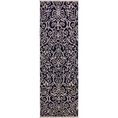 Modern Cyrena Blue/Ivory Hand-knotted Wool & Viscose Runner - 2'0 x 6'0 - 2'0" x 6'0" - 2'0" x 6'0"