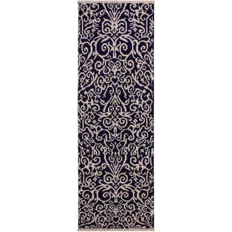 Modern Cyrena Blue/Ivory Hand-knotted Wool & Viscose Runner - 2'0 x 6'0 - 2'0" x 6'0" - 2'0" x 6'0"