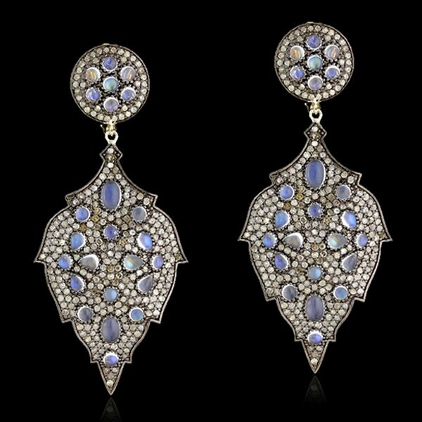 14Kt Gold Silver 925 Diamond Designer Dangle Earring Moon Stone Jewelry