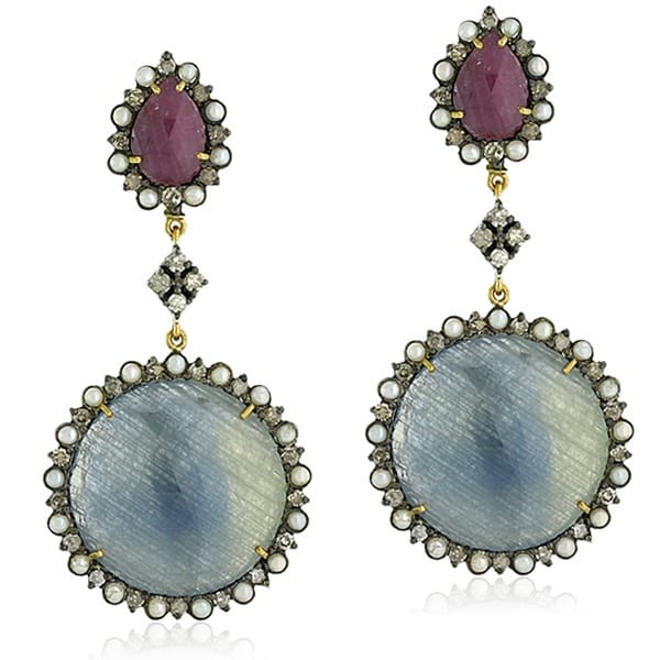 18Kt Gold Silver 925 Diamond Designer Pearl Sapphire Dangle Earring Precious Stone Jewelry