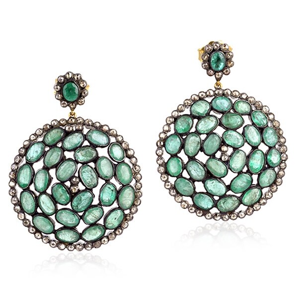 14Kt Gold 925 Silver Diamond Emerald Dangle Earring Precious Stone Jewelry