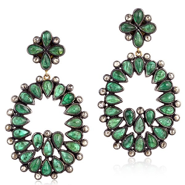 14Kt Gold 925 Silver Diamond Designer Emerald Dangle Earring Precious Stone Jewelry