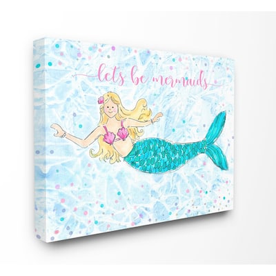 Stupell Lets Be Mermaids Blue and Pink Swimming Mermaid Canvas Wall Art, 16 x 20, Proudly Made in USA - Multi-Color