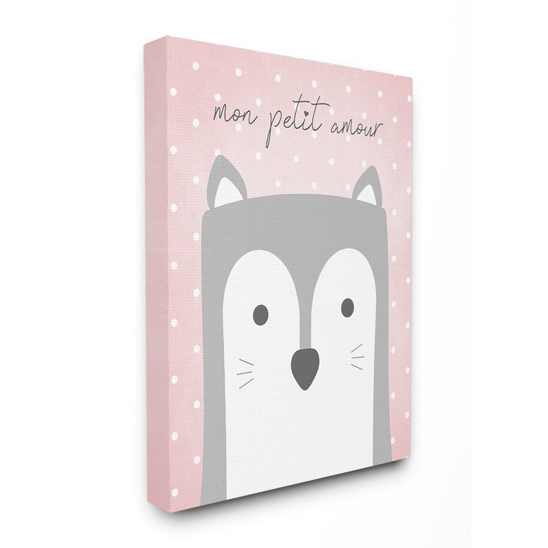 Stupell Mon Petit Amour Grey Fox with Pink Polka dots Canvas Wall Art, 16 x 20, Proudly Made in USA - Multi-Color - 30 x 40