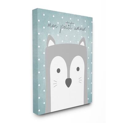 Stupell Mon Petit Amour Grey Fox with Blue Polka dots Canvas Wall Art, 16 x 20, Proudly Made in USA - Multi-Color