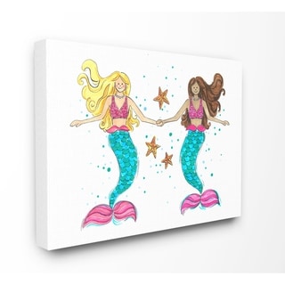 Stupell Two Blue And Pink Mermaid Friends With Starfish Canvas Wall Art 