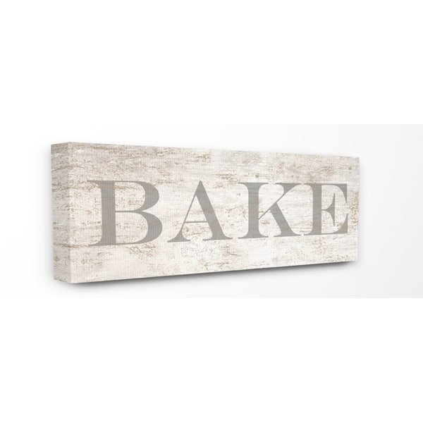 The Stupell Home Decor Distressed Kitchen White Tan and Grey Bake Sign Canvas Wall Art, 13 x 30