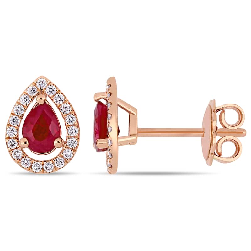 Miadora 14k Rose Gold Ruby and 1/5ct TDW Diamond Teardrop Halo Stud Earrings