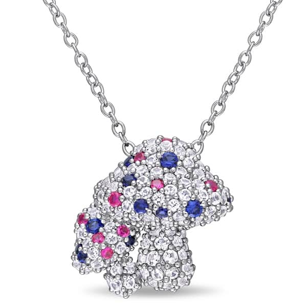 slide 1 of 4, Laura Ashley Created White Blue Sapphire and Created Ruby Clustered Mushrooms Necklace in Silver