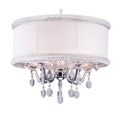 Clear Crystal Chandelier with Chrome Iron Frame and White Fabric Shade