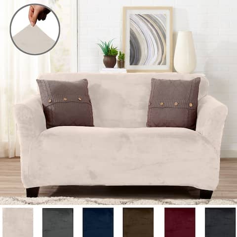 Off White Loveseat Covers Slipcovers Online At Our Camellia Collection Velvet Plush Form Fit Stretch Loveseat Slipcover