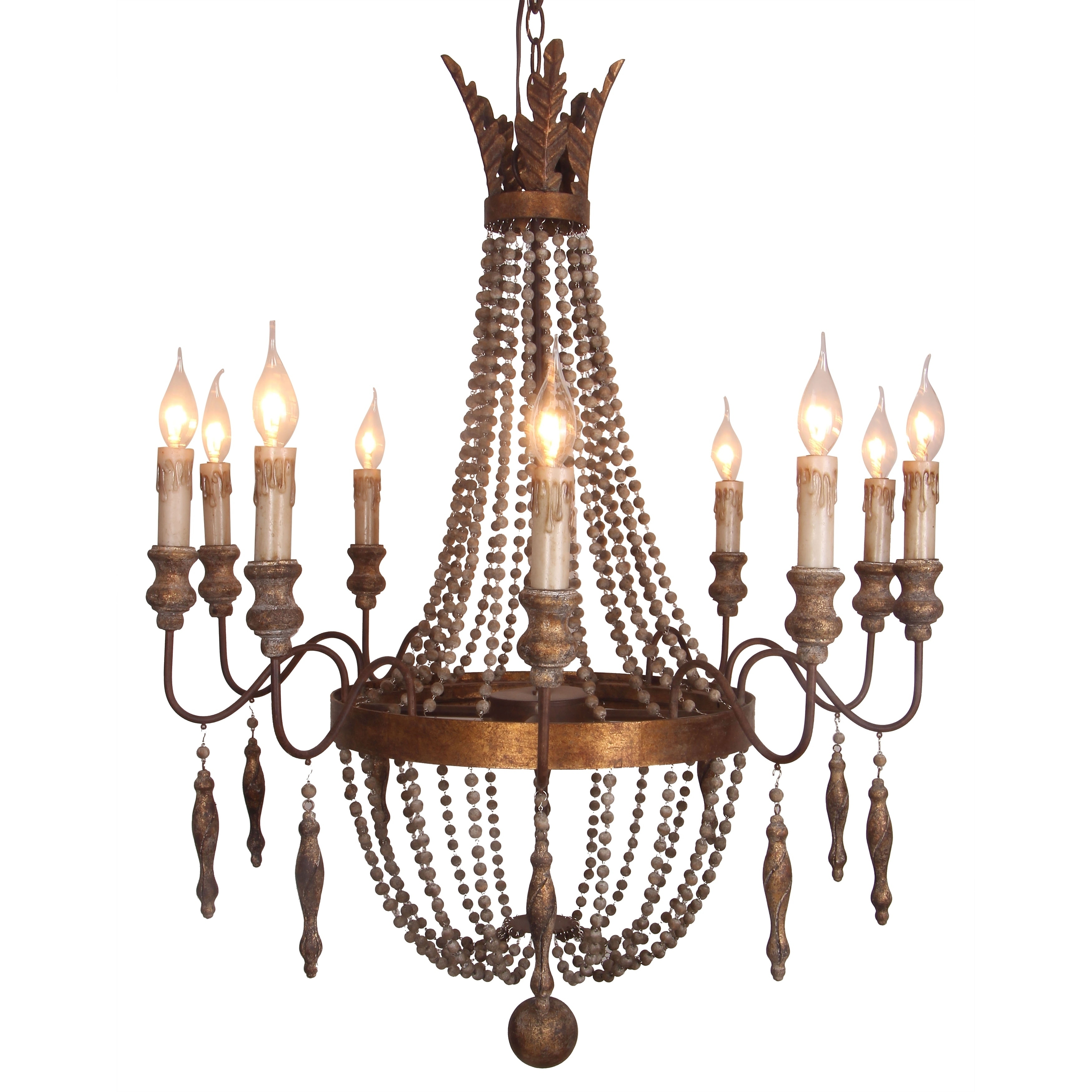 Halen Elton Home 10-light vintage French Country style wood bead antique gold empire chandelier pendant - Chandeliers For Bedrooms by Overstock.com
