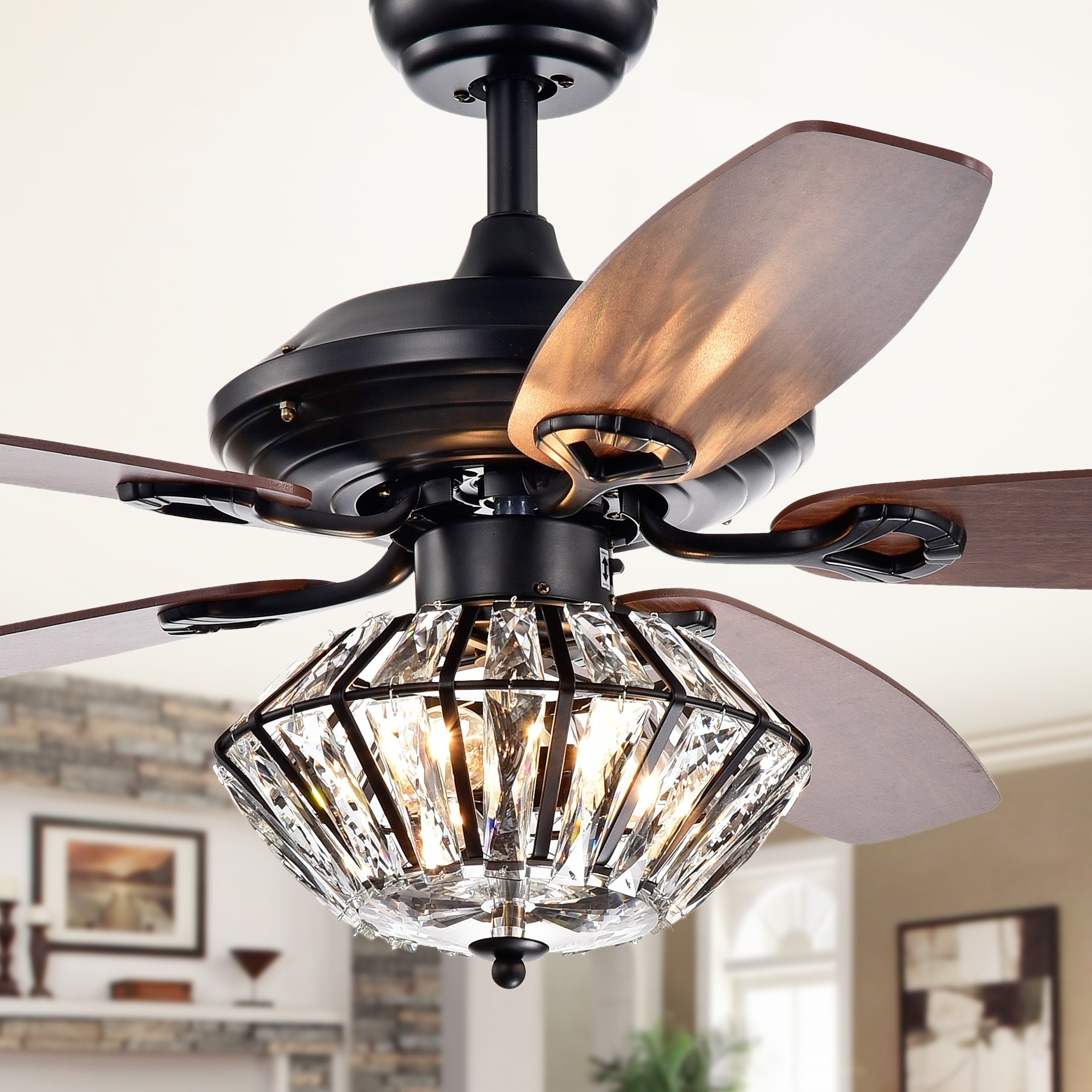 Warehouse of Tiffany Toshevo Remote Control 52-inch Lighted Ceiling Fan with Crystal Shade and Reversible Blades