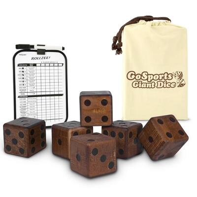 GoSports Giant 3.5" Dark Stain Wooden Playing Dice Set with Bonus Rollzee and Farkle Scoreboard and Canvas Carrying Bag