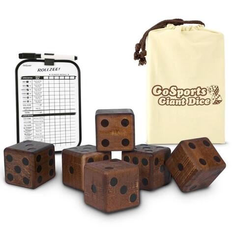 GoSports Giant 3.5" Dark Stain Wooden Playing Dice Set with Bonus Rollzee and Farkle Scoreboard and Canvas Carrying Bag