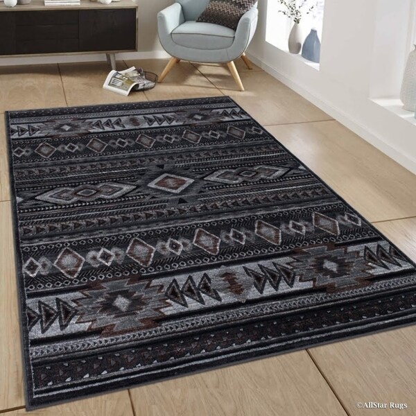Allstar Rugs Grey and Gainsboro Diamond Tribal Aztec Rectangular Area Rug with Brown Design - 7' 5" x 9' 8"