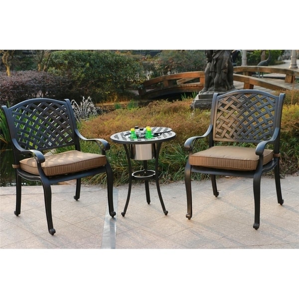 Yorkshire 3 Piece Aged Bronze Aluminum Bistro Set Cushioned Yorkshire 3 Piece Aged Bronze Aluminum Bistro Set Cushioned Chairs With Ice Bucket Table To