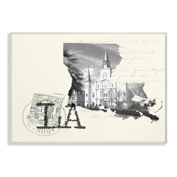 The Stupell Home Decor Louisiana Black and White on Cream Paper Postcard Wall Plaque Art, 10 x 15, Proudly Made in USA