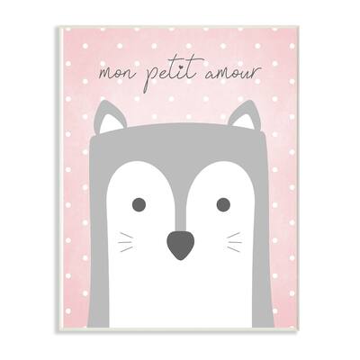Stupell Mon Petit Amour Grey Fox with Pink Polka dots Wall Plaque Art, 10 x 15, Proudly Made in USA