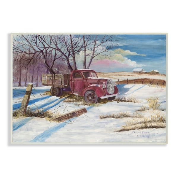 The Stupell Home Decor Red Pickup Truck Scene with Snow on the Ground Wall Plaque Art, 10 x 15, Proudly Made in USA