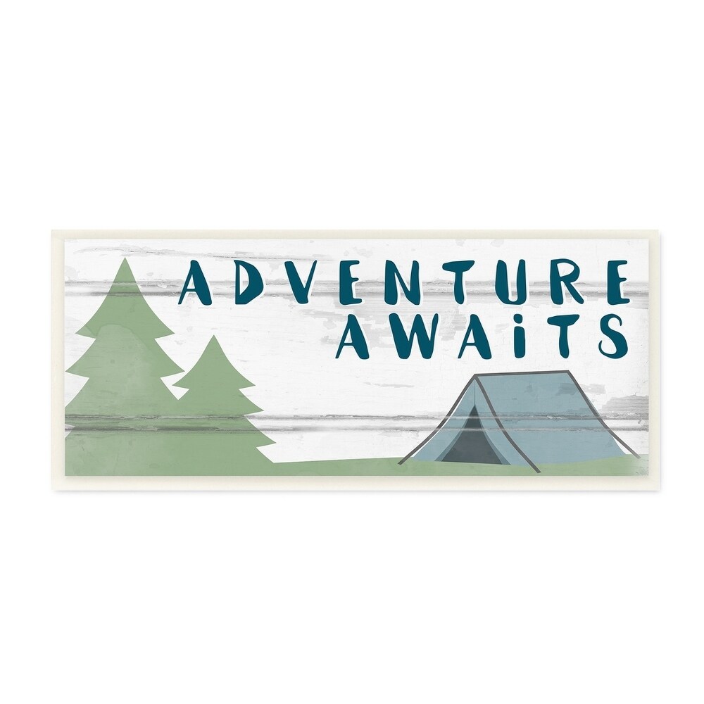 The Kids Room By Stupell Adventure Awaits Camping Scene with Trees Sign Wall Plaque Art, 7 x 17, Proudly Made in USA - 7 x 17