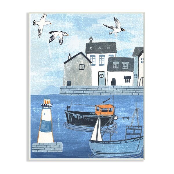 The Stupell Home Decor Lighthouse Seagulls Illustrated Dock Scene Wall Plaque Art, 10 x 15, Proudly Made in USA