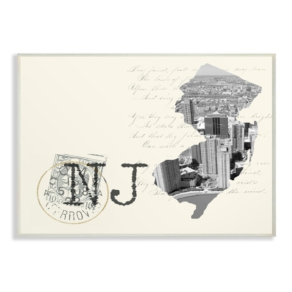 The Stupell Home Decor New Jersey Black and White on Cream Paper Postcard Wall Plaque Art, 10 x 15, Proudly Made in USA