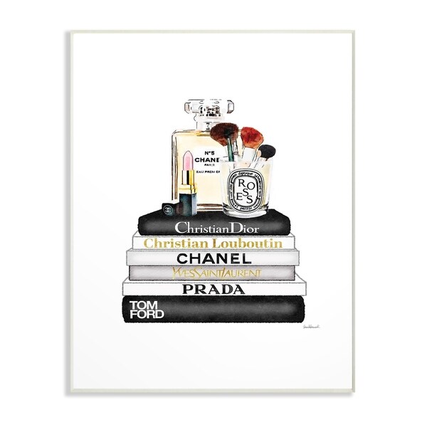 The Stupell Home Decor Neutral Black and White Fashion Bookstack Wall Plaque Art, 10 x 15, Proudly Made in USA