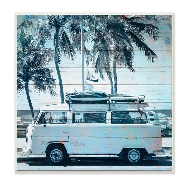 The Stupell Home Decor Blue Tinted Retro Van By the Beach Planked Look Wall Plaque Art, 12 x 12, Proudly Made in USA - 12 x 12