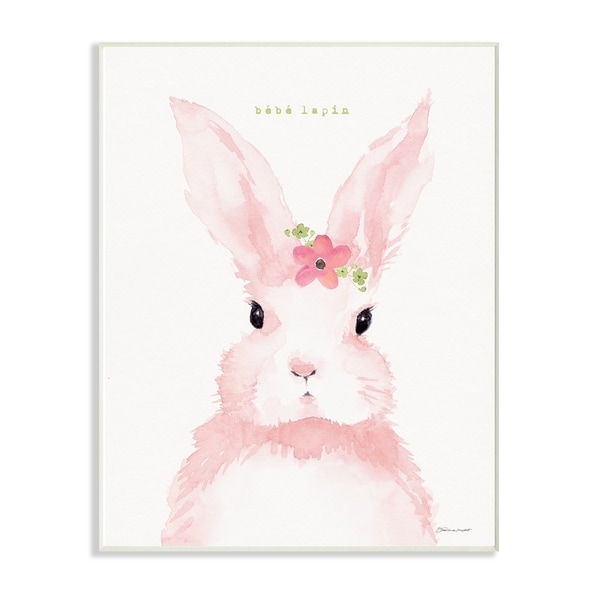 The Stupell Home Decor Baby Lapin French Pink Watercolor Bunny with Flower Wall Plaque Art, 10 x 15, Proudly Made in USA