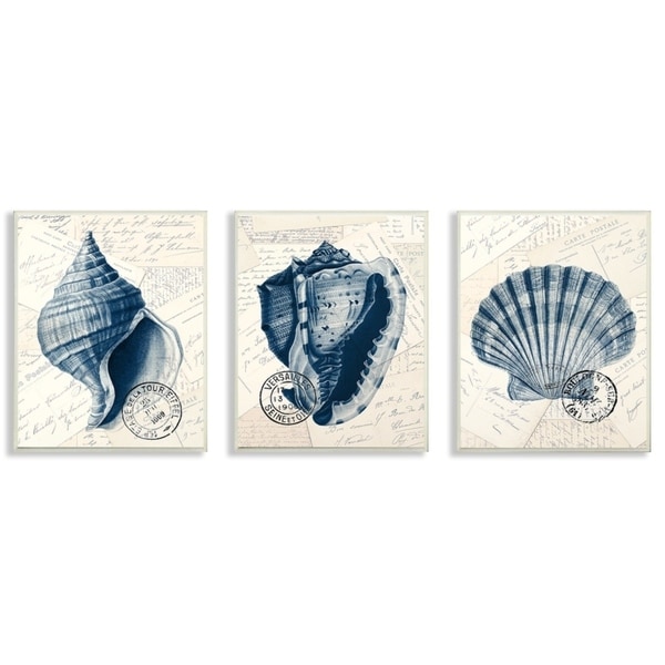 Porch & Den Vintage Blue Indigo Shells 3-piece Wall Plaque Art - 10 x 15