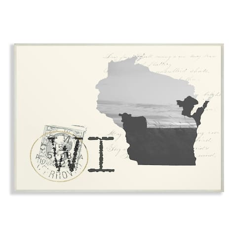 The Stupell Home Decor Wisconsin Black and White on Cream Paper Postcard Wall Plaque Art, 10 x 15, Proudly Made in USA