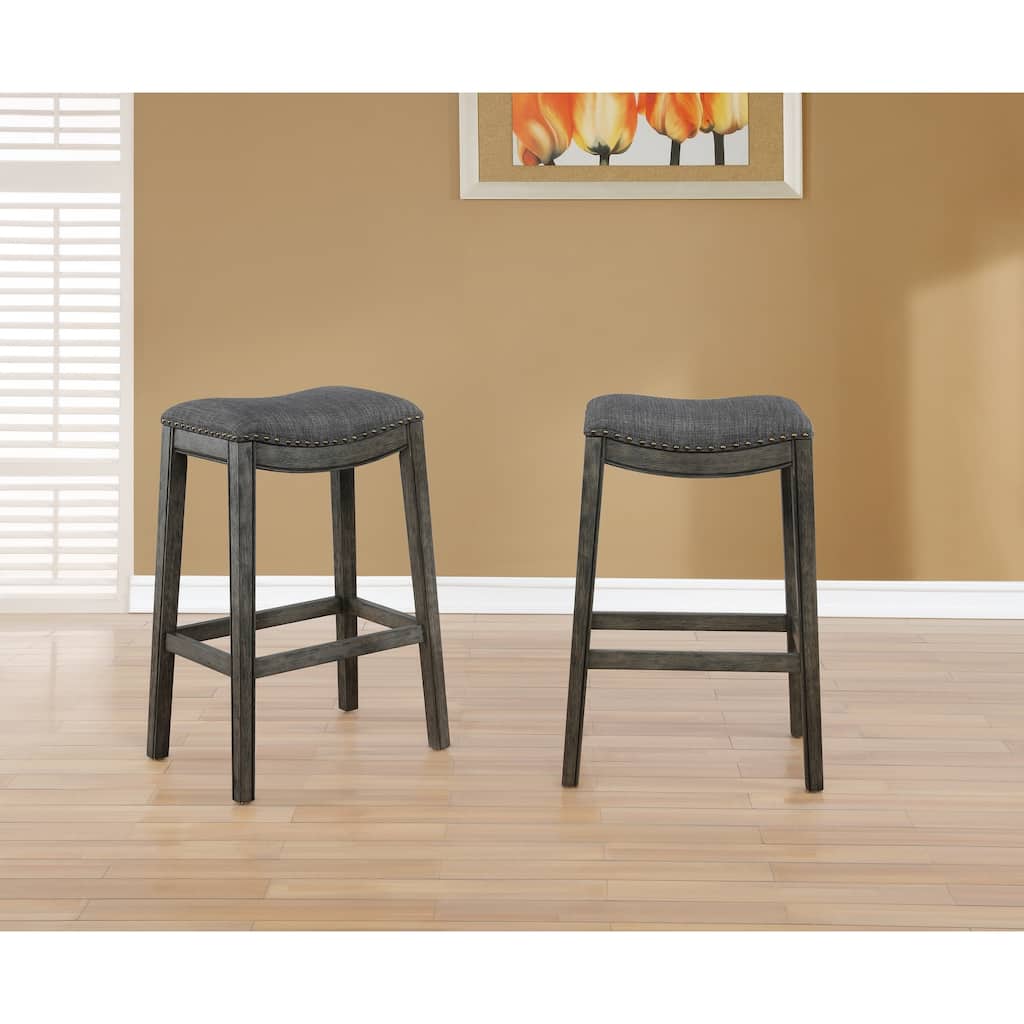 Roundhill Furniture Maroni Faric Upholstery Nailheaded Saddle Barstool in Gray, Set of 2