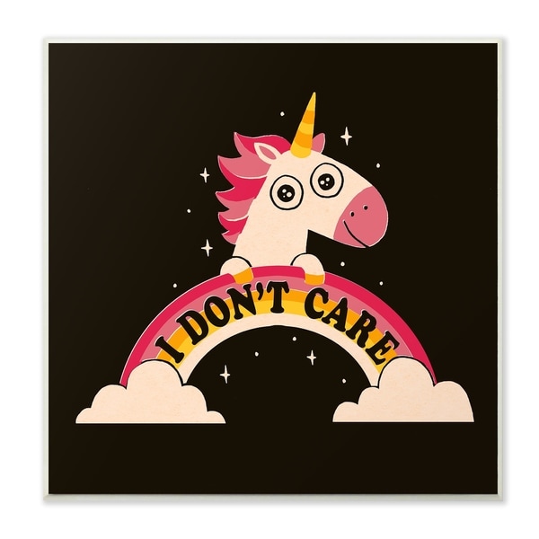 The Kids Room By Stupell Pink and Yellow Unicorn with Rainbow Doesn't Care Wall Plaque Art, 12 x 12, Proudly Made in USA