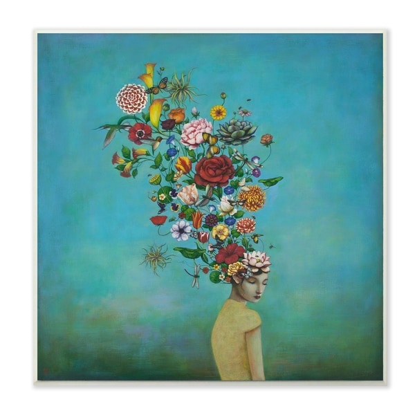 The Stupell Home Decor Flowers on Her Mind Bright Blue Floral Painting Wall Plaque Art, 12 x 12, Proudly Made in USA - 12 x 12